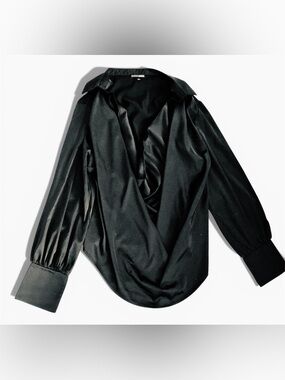 Fashion Nova Deep Scoop Black Satin Blouse Women Size L